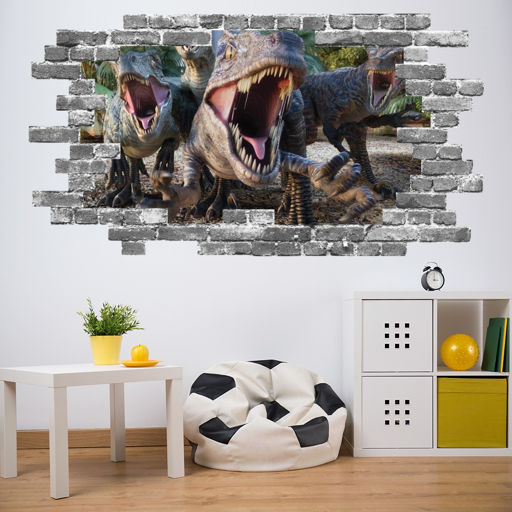 Raptor Dinosaur Attack Grey Brick 3D Hole In The Wall Sticker