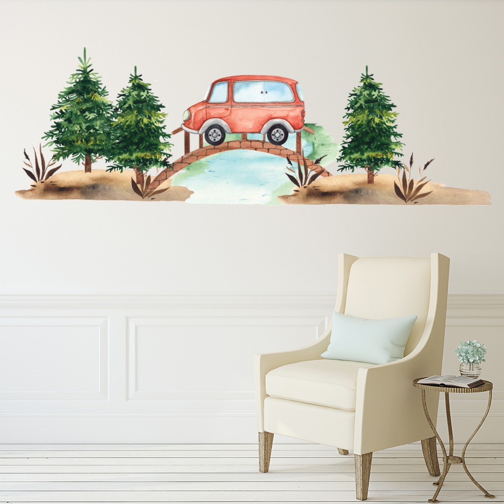 Red Car On Bridge Childrens Nursery Wall Sticker Scene