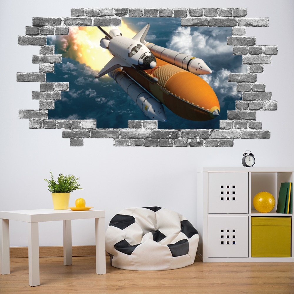 Rocket Launch Grey Brick 3D Hole In The Wall Sticker
