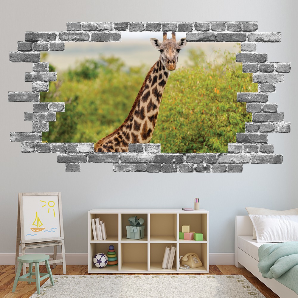 Safari Giraffe Grey Brick 3D Hole In The Wall Sticker
