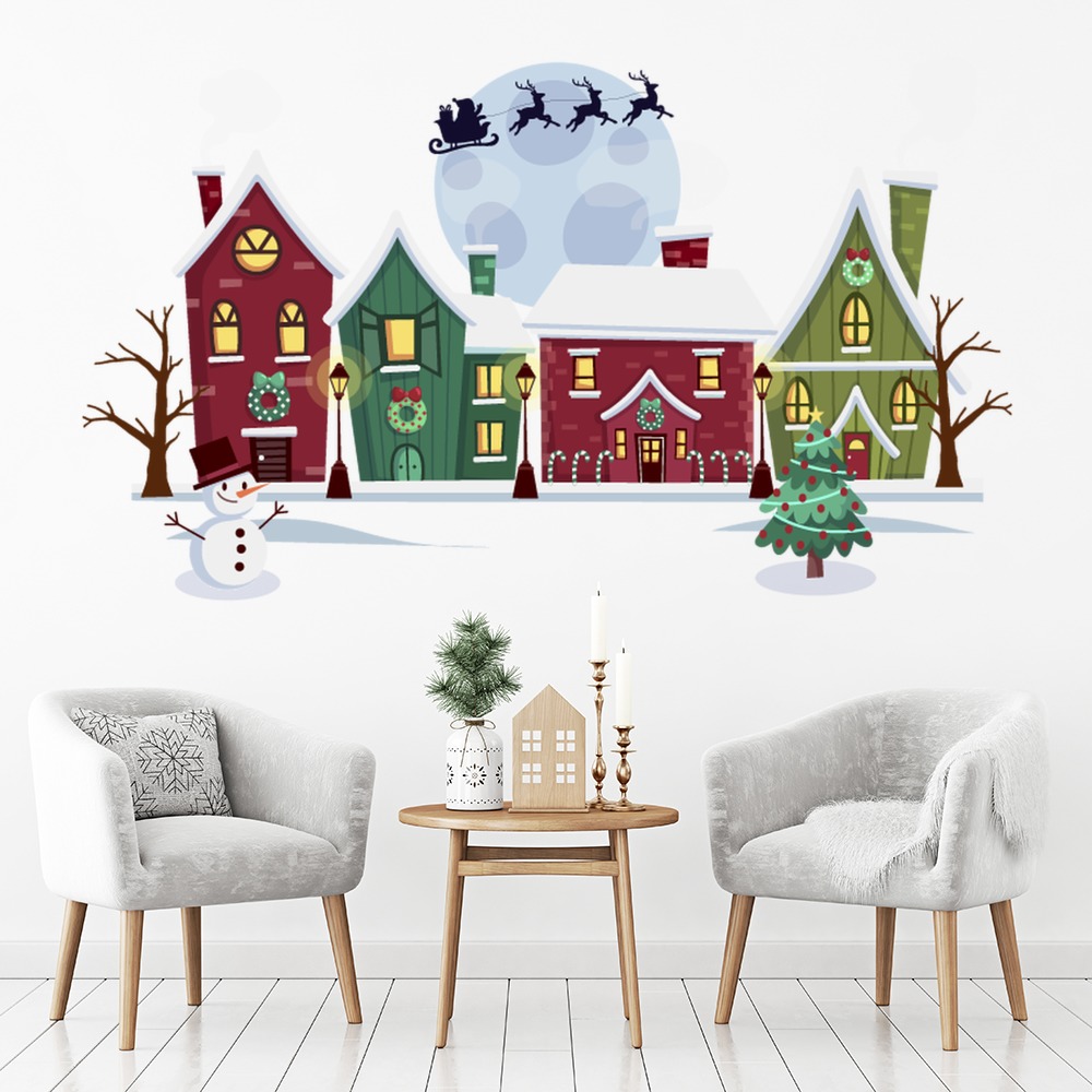 Santa & Reindeer Over Festive Christmas Village Wall Sticker