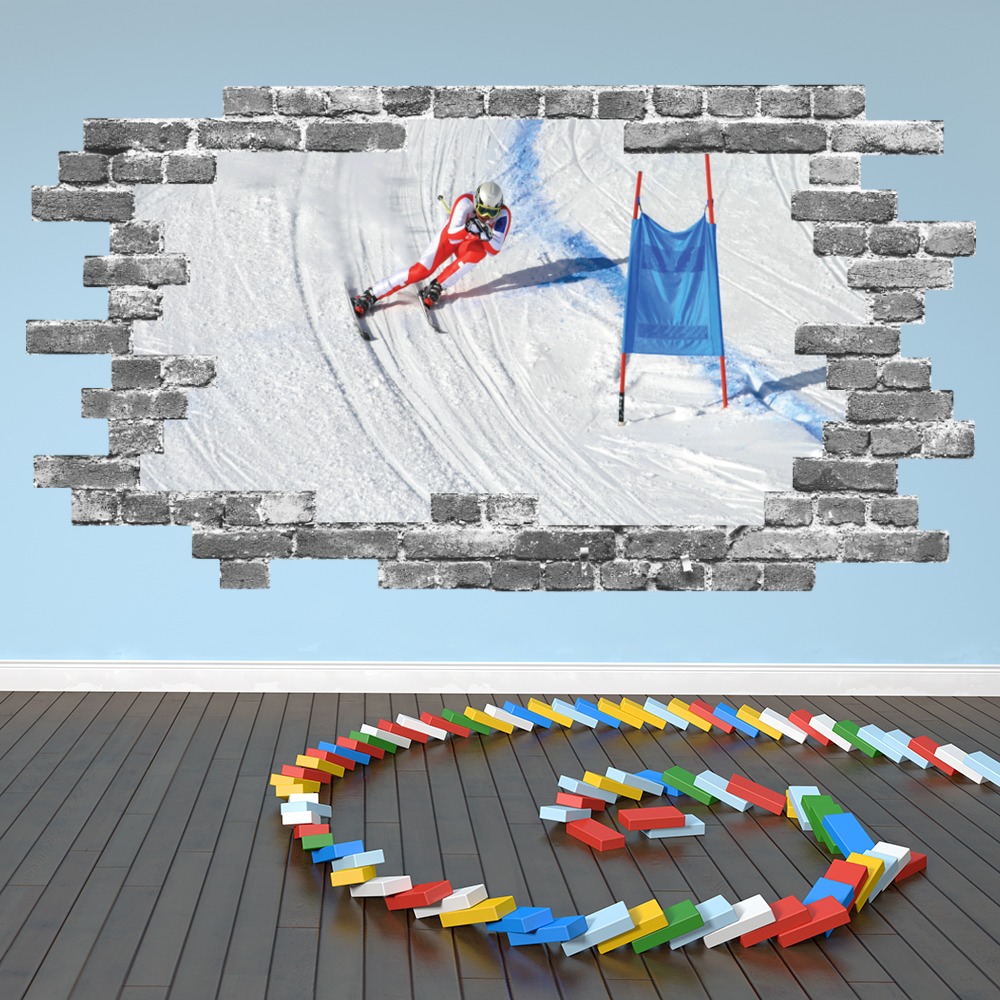 Skiing Slalom Winter Sports Grey Brick 3D Hole In The Wall Sticker