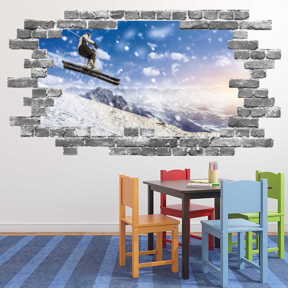 Snowboarding Winter Sports Grey Brick 3D Hole In The Wall Sticker