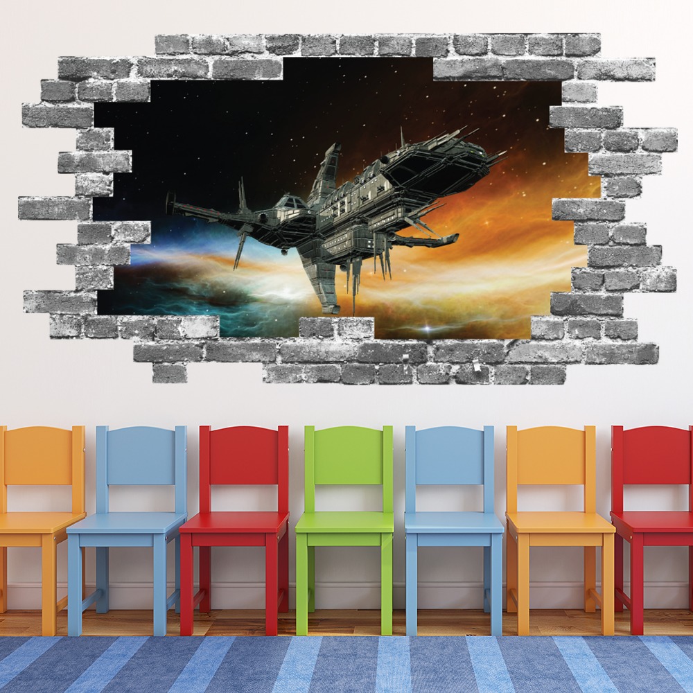 Spacecraft Spaceship Grey Brick 3D Hole In The Wall Sticker
