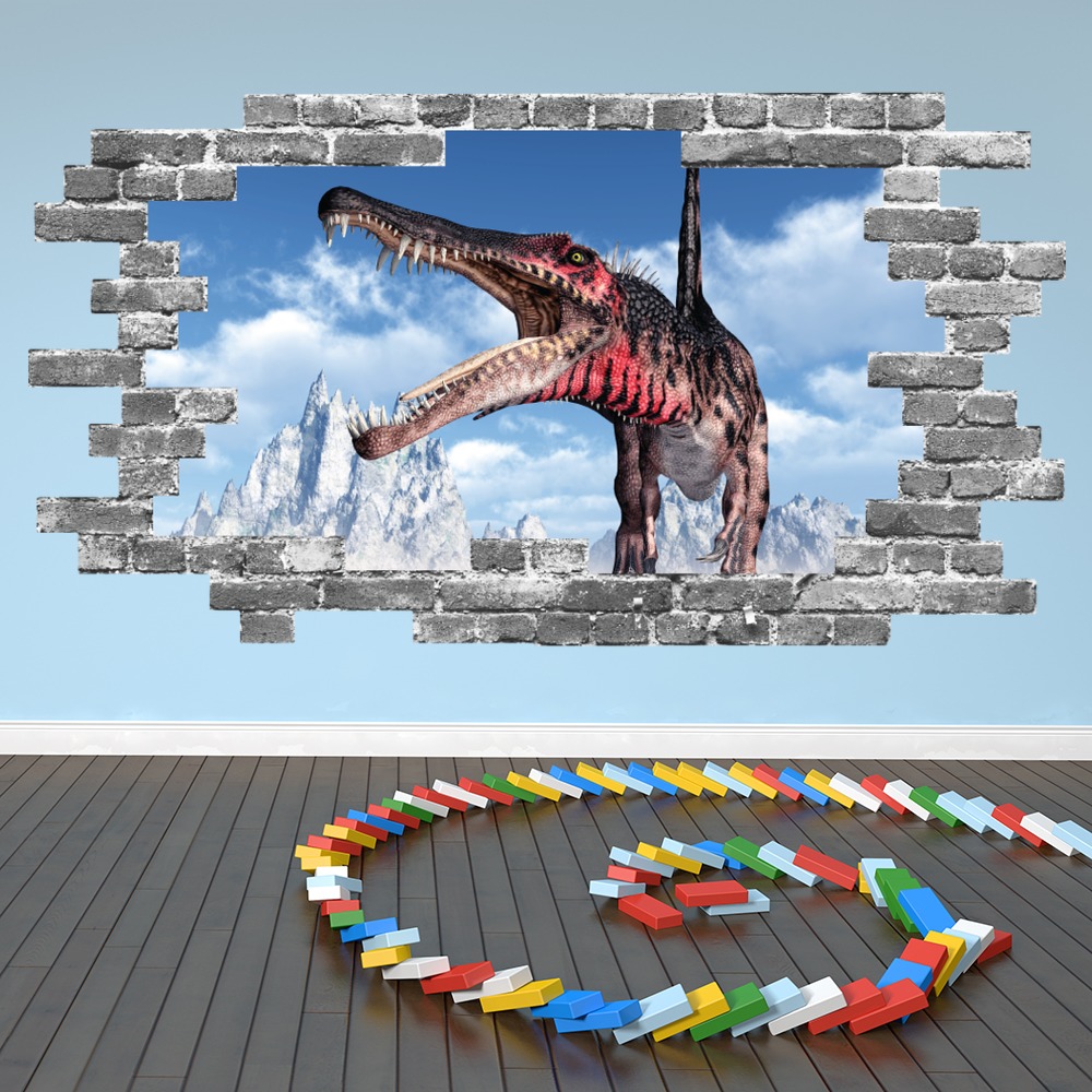 Spinosaurus Dinosaur Grey Brick 3D Hole In The Wall Sticker
