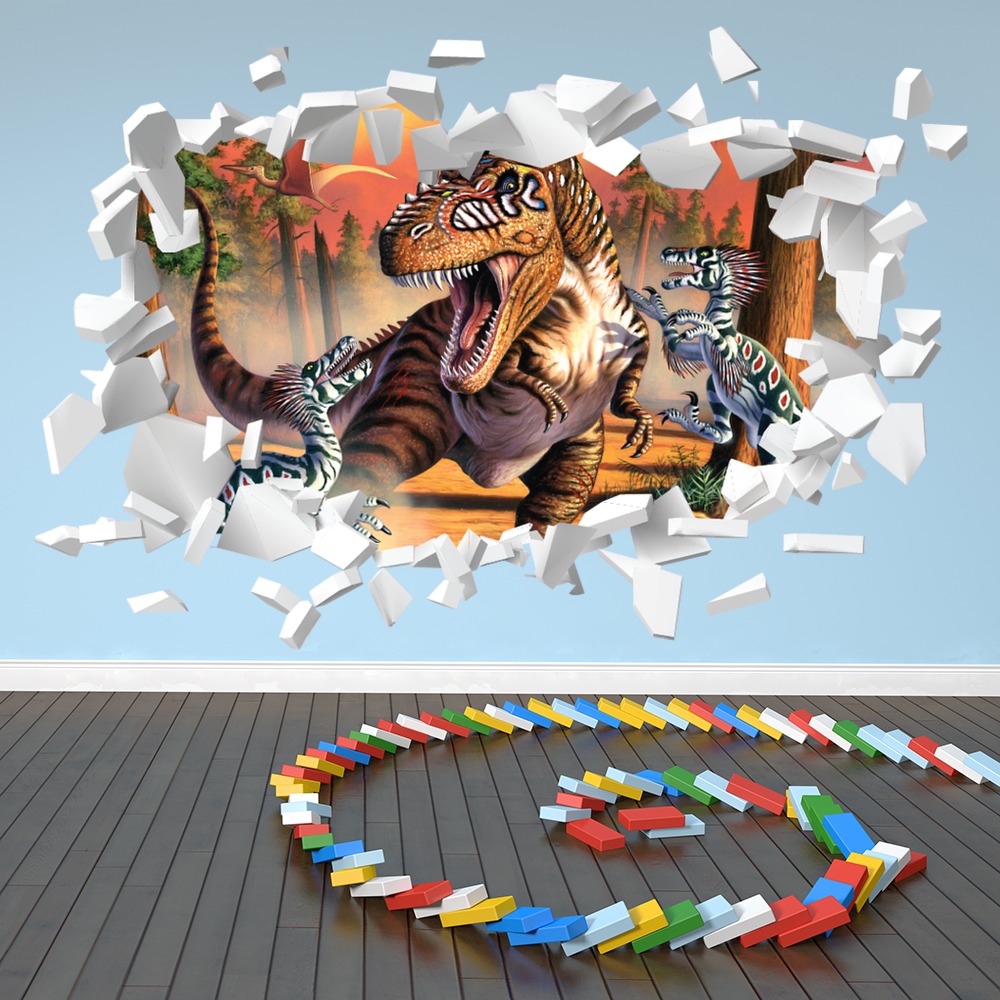 T-Rex Dinosaur Battle White Brick 3D Hole In The Wall Sticker