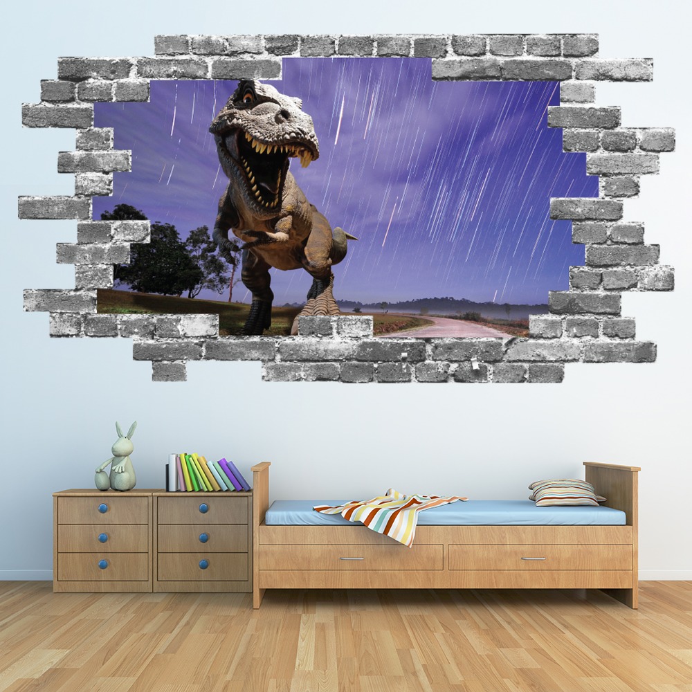 T-Rex Dinosaur Grey Brick 3D Hole In The Wall Sticker