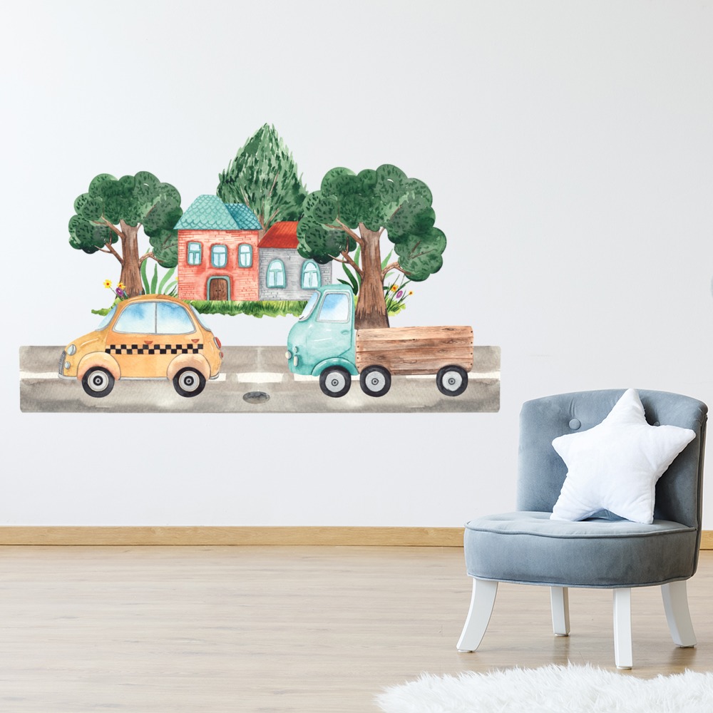 Taxi & Lorry Childrens Nursery Wall Sticker Scene