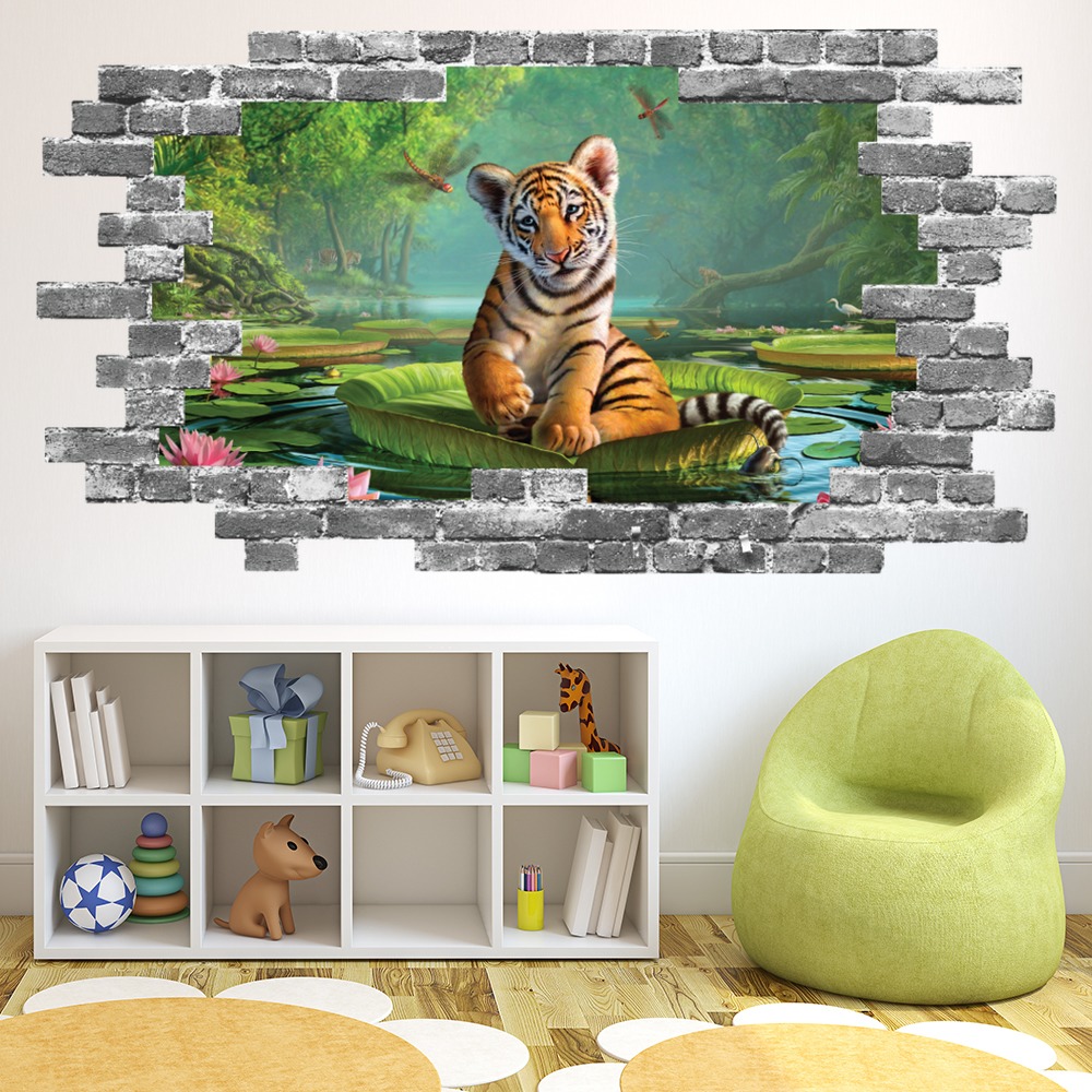 Tiger Cub Grey Brick 3D Hole In The Wall Sticker