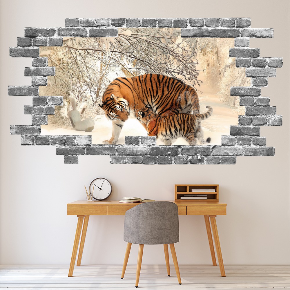 Tiger & Cub Grey Brick 3D Hole In The Wall Sticker - Mod1