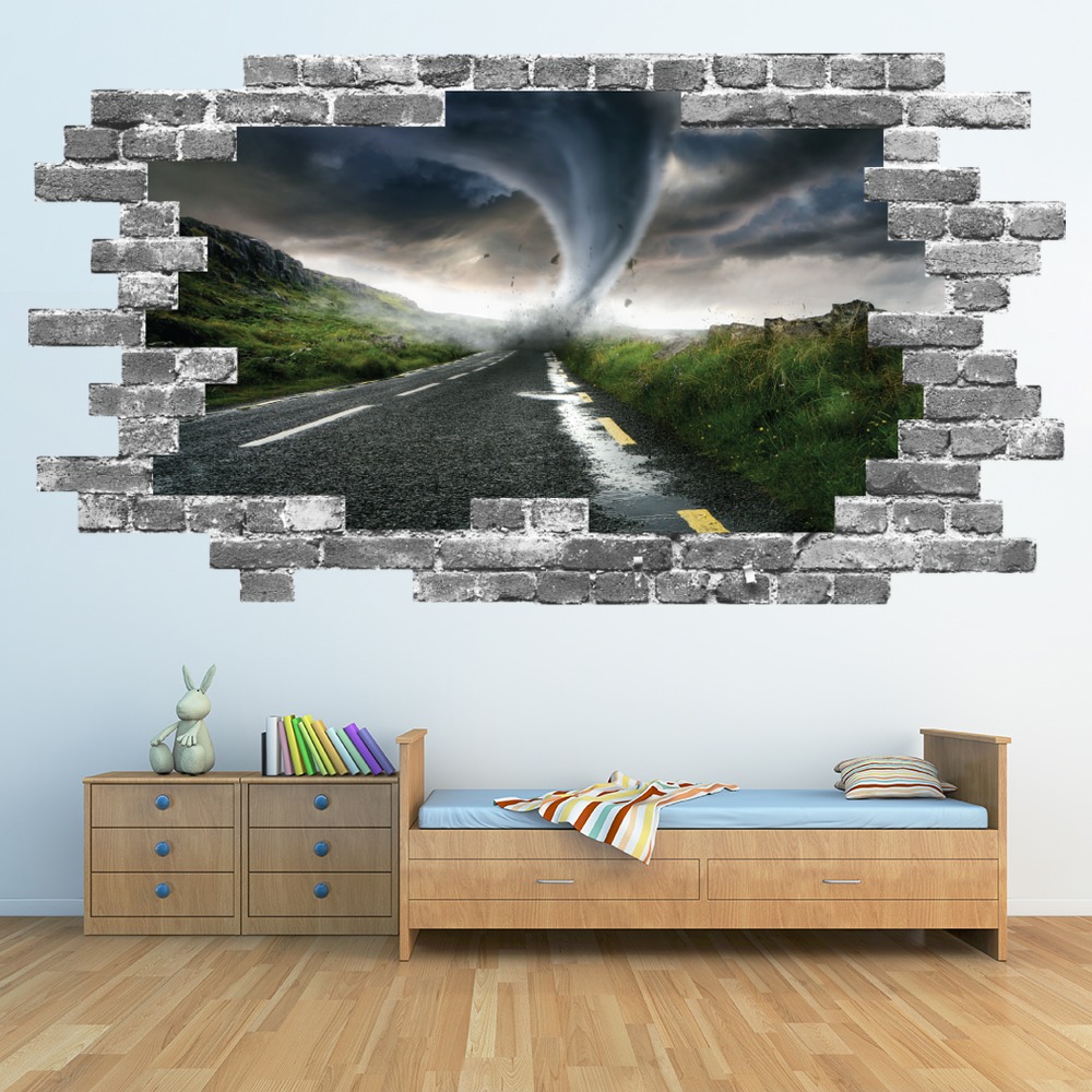 Tornado Storm Grey Brick 3D Hole In The Wall Sticker