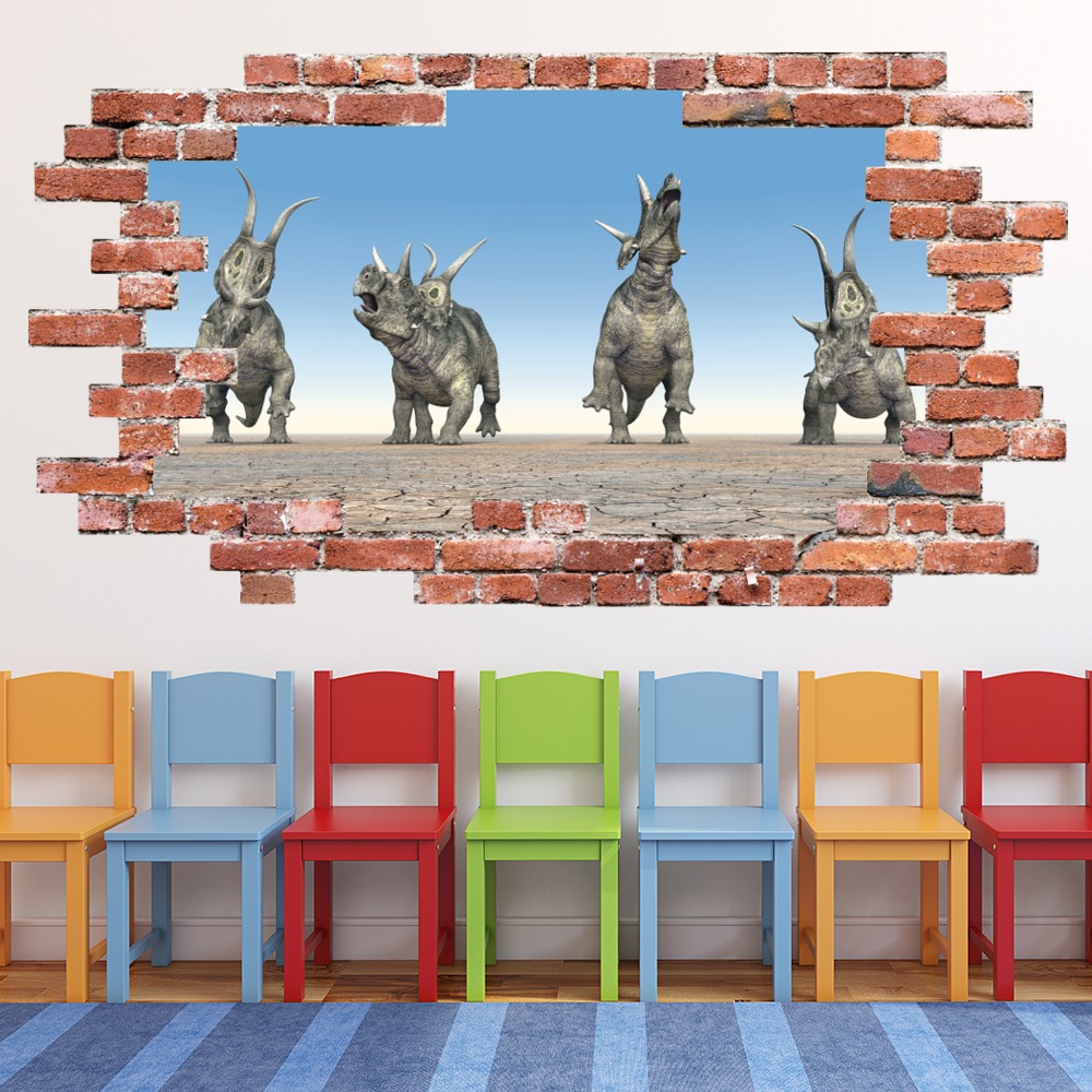 Triceratops Red Brick 3D Hole In The Wall Sticker