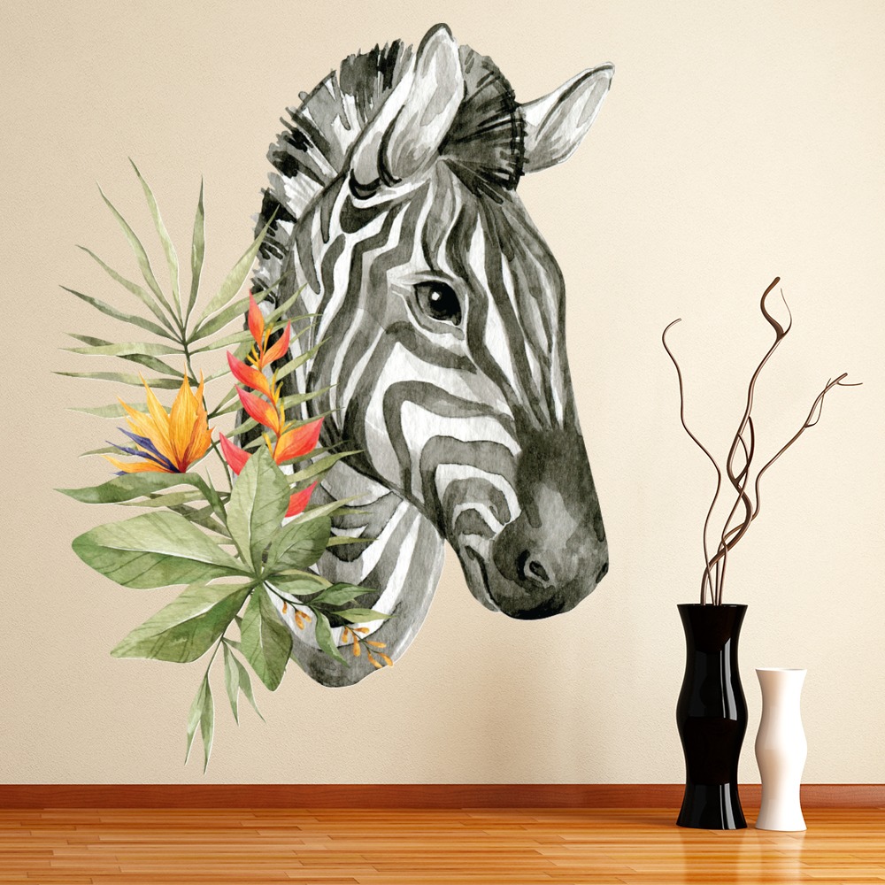 Tropical Flower Zebra Portrait Wall Sticker