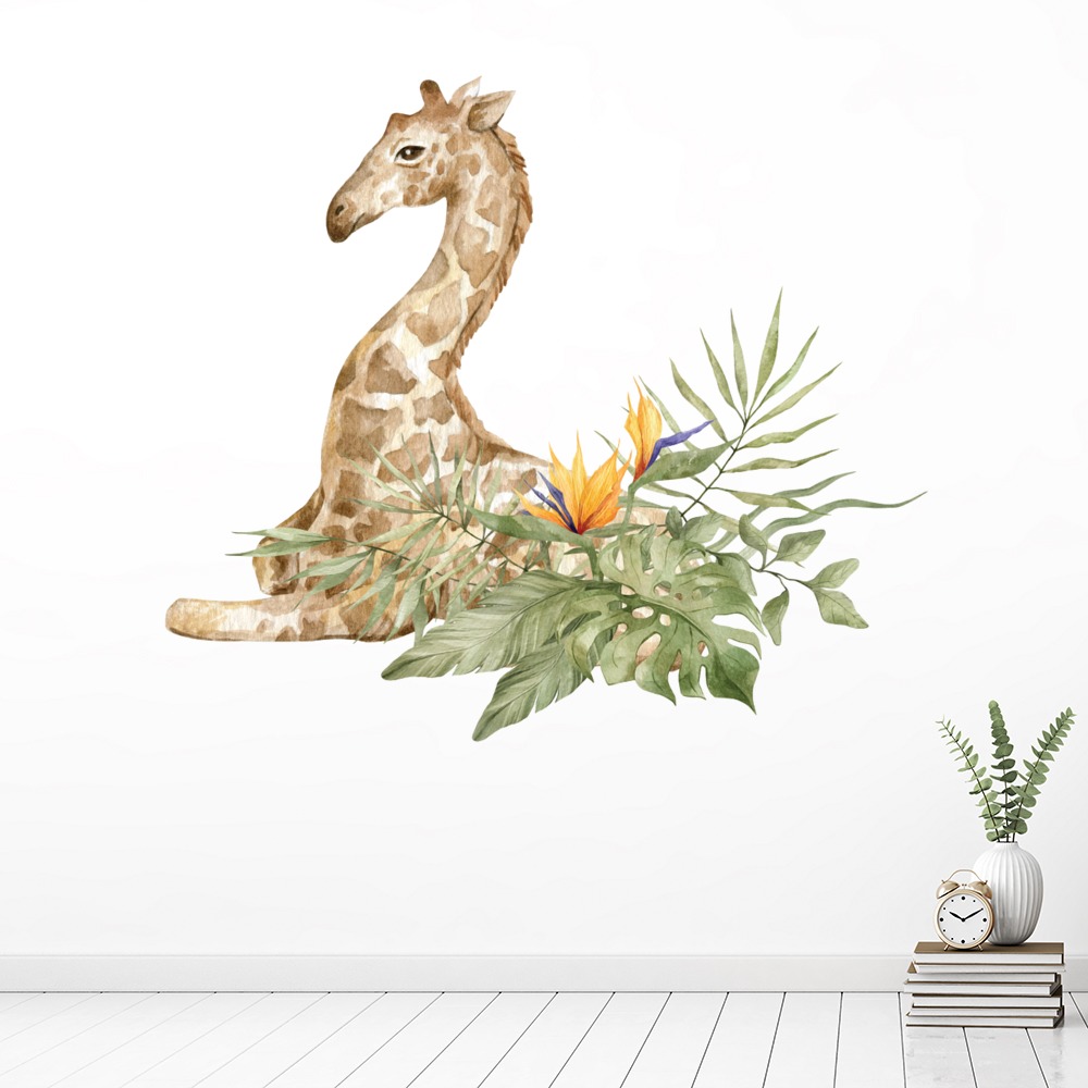 Tropical Leaf Sitting Giraffe Wall Sticker