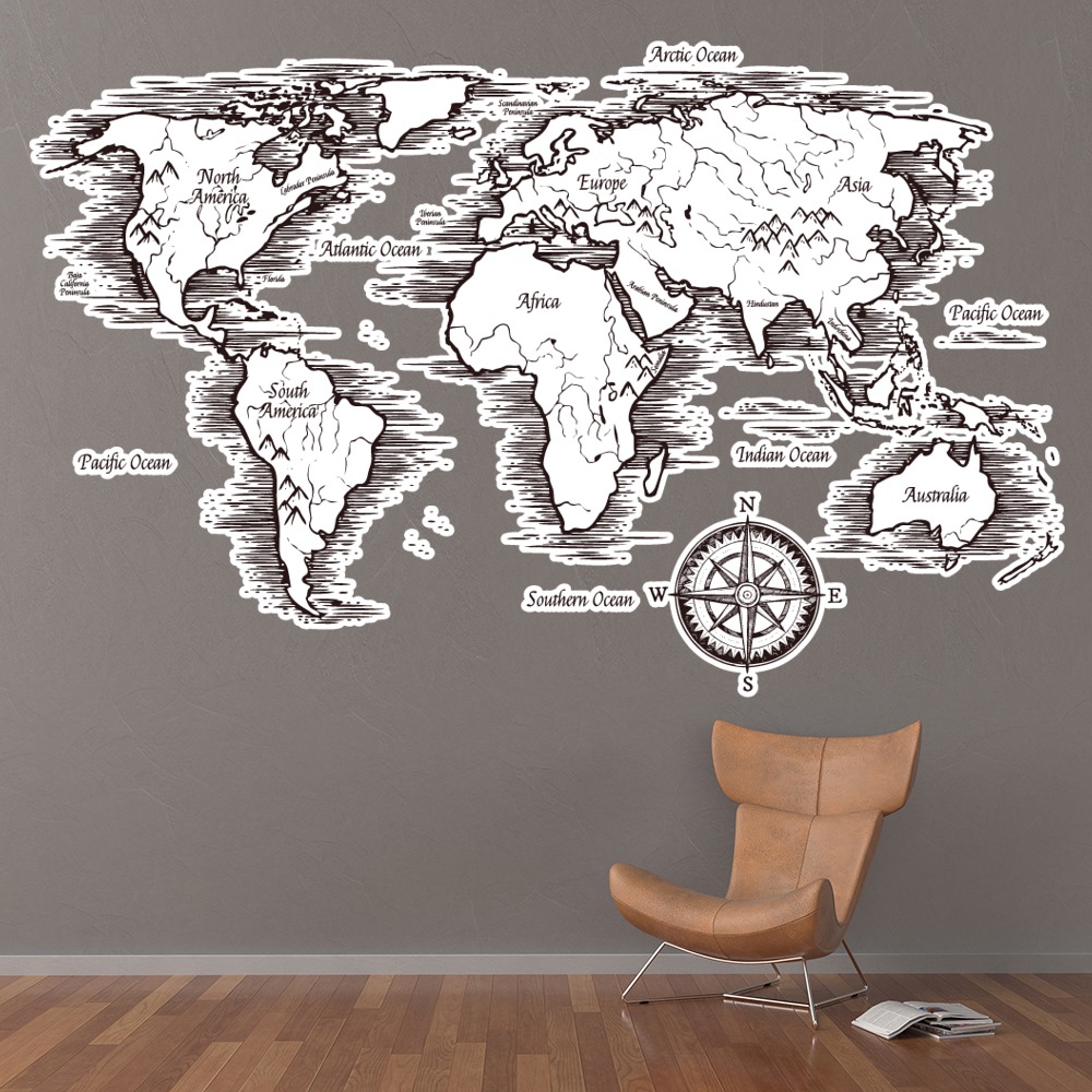 Vintage Black & White World Map Wall Sticker