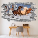 Wild Galloping Horses Grey Brick 3D Hole In The Wall Sticker