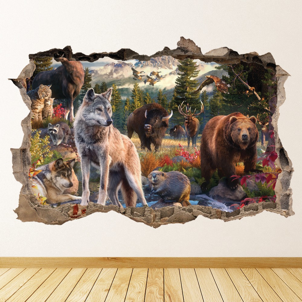 Wolf Woodland Animals 3D Hole In The Wall Sticker