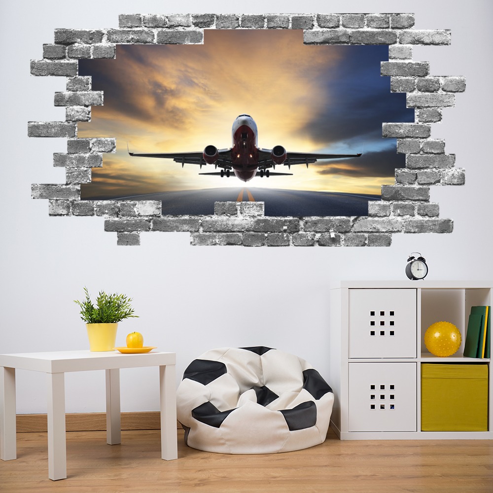 Airplane Flight Grey Brick 3D Hole In The Wall Sticker