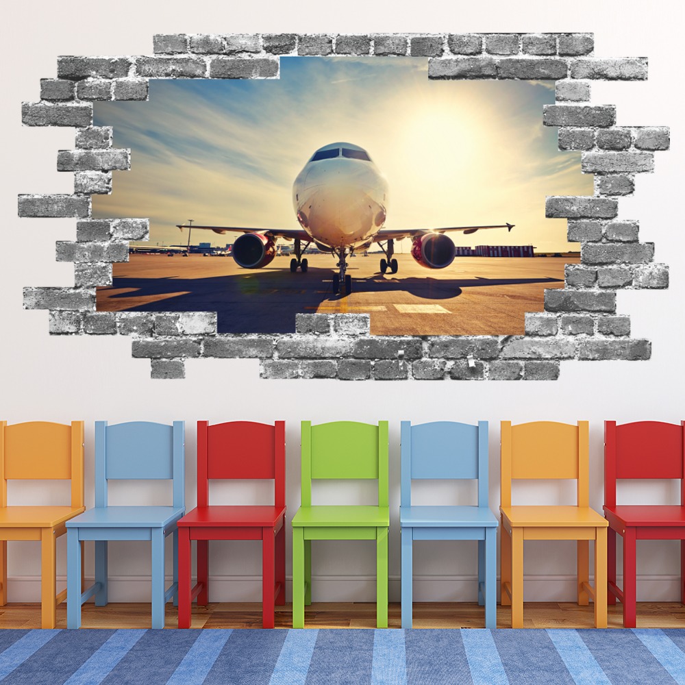 Airplane Sunrise Grey Brick 3D Hole In The Wall Sticker