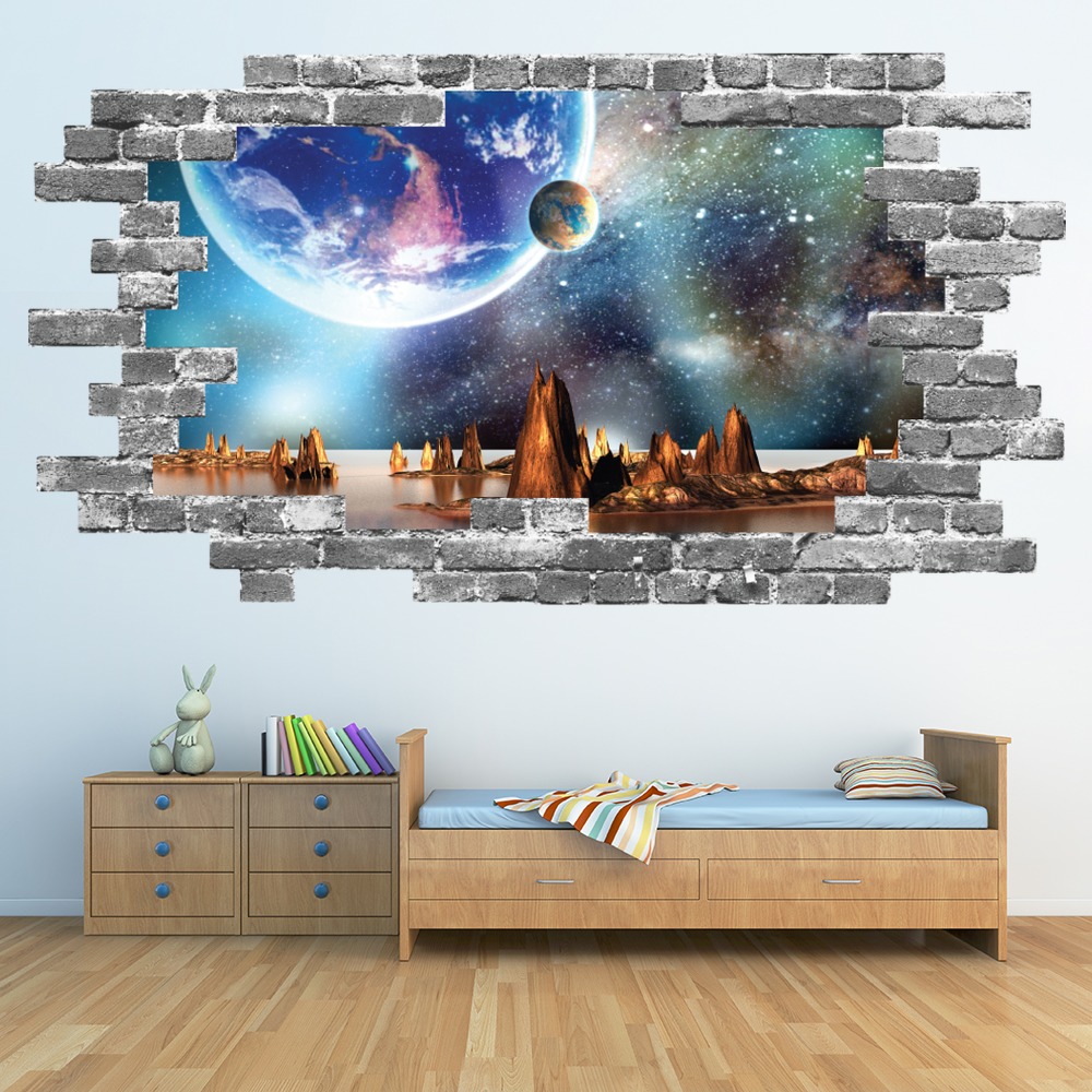Alien Landscape Grey Brick 3D Hole In The Wall Sticker