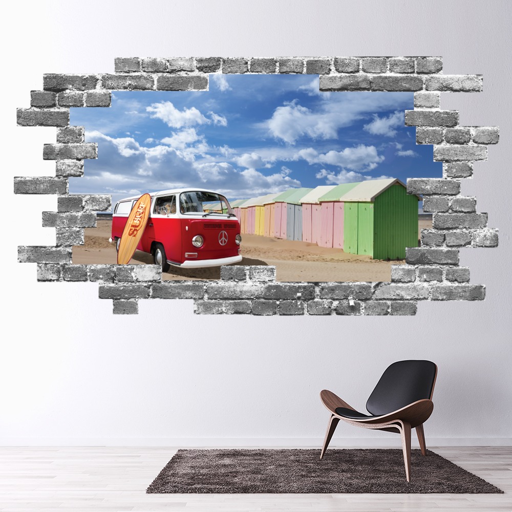 Beach Hut Campervan Grey Brick 3D Hole In The Wall Sticker