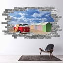 Beach Hut Campervan Grey Brick 3D Hole In The Wall Sticker