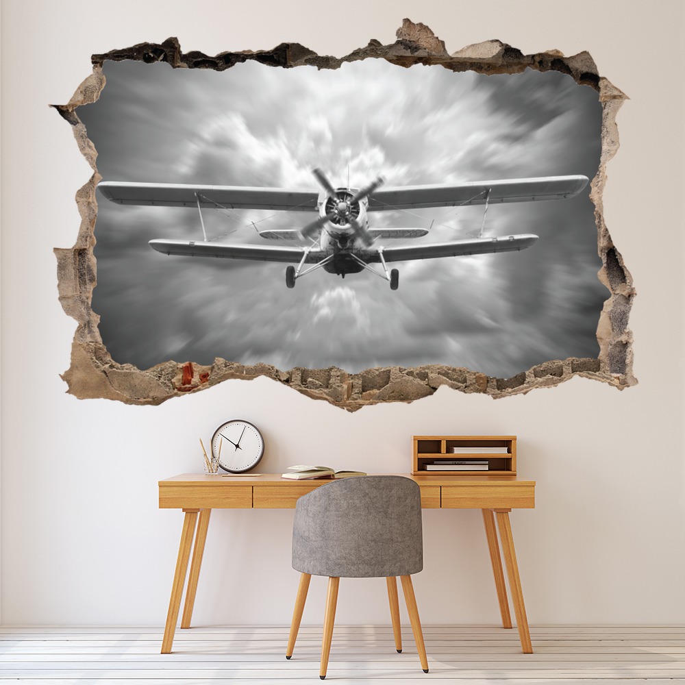 Biplane Aircraft 3D Hole In The Wall Sticker