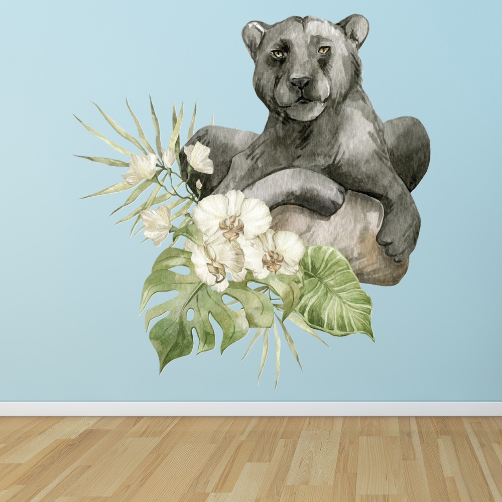 Black Panther White Tropical Flowers Wall Sticker