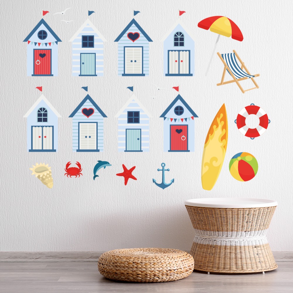 Blue Beach Huts Seaside Decor Wall Sticker