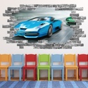 Blue Race Cars Grey Brick 3D Hole In The Wall Sticker
