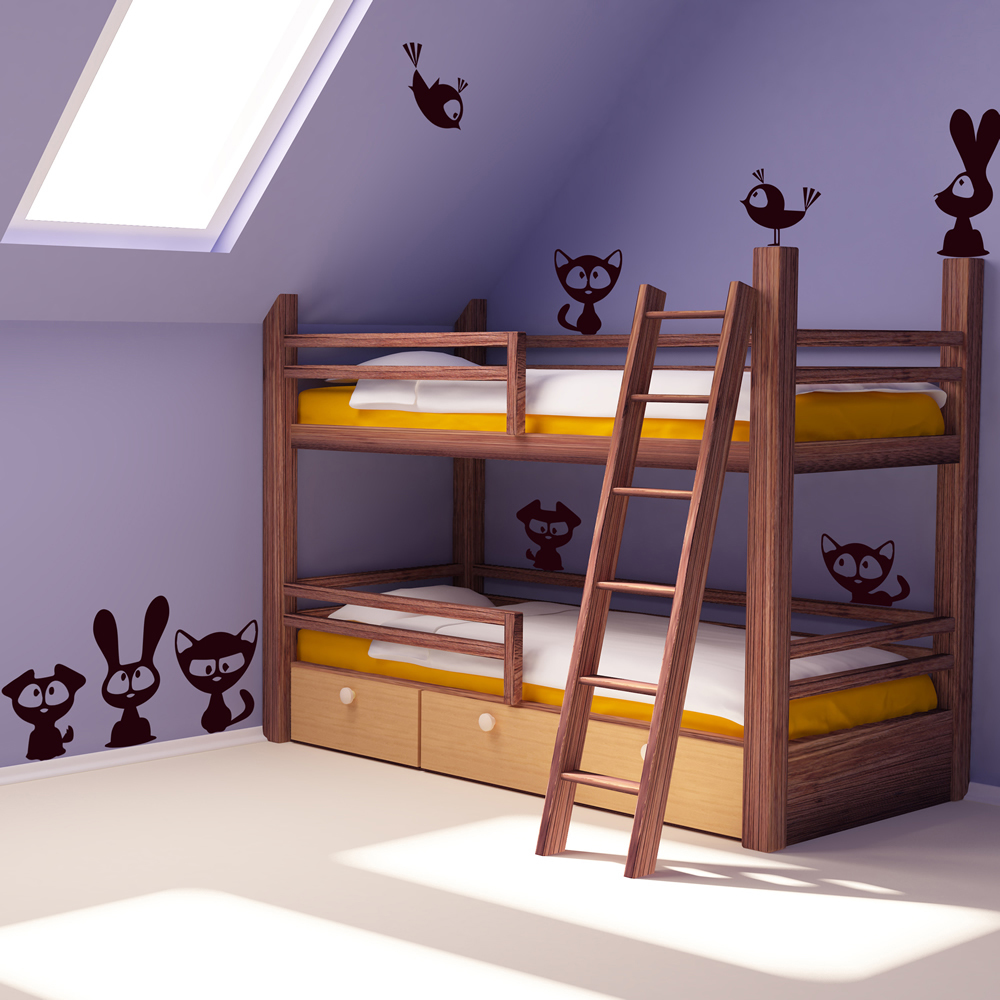 Cute Animal Cat Rabbit Birds Wall Sticker Set