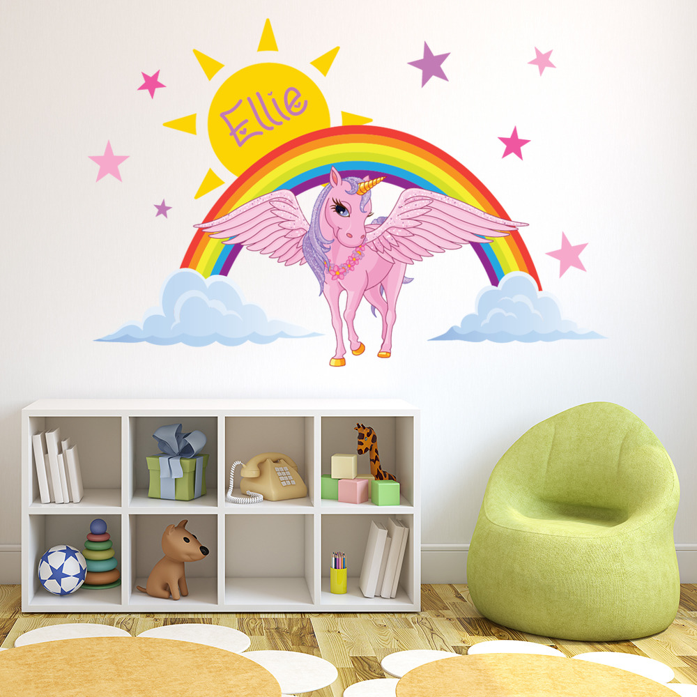 Custom Name Rainbow Unicorn Wall Sticker Personalised Kids Room Decal - Mod6