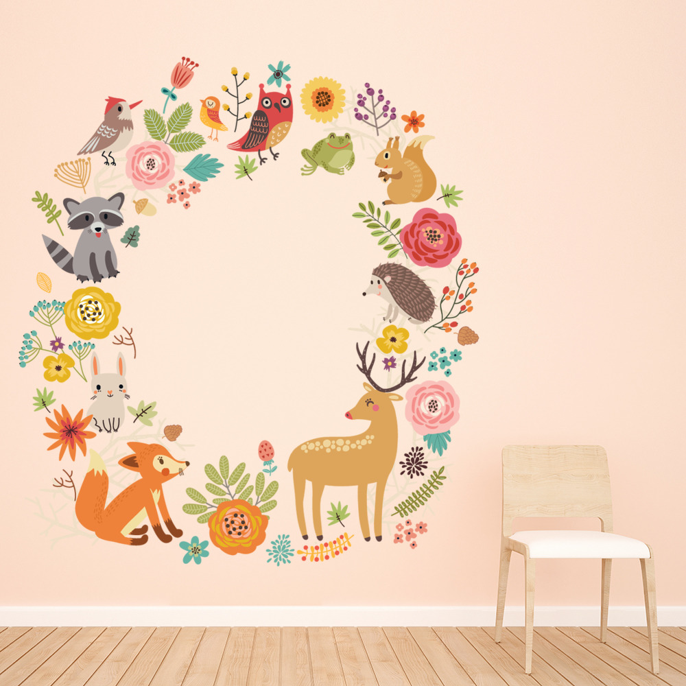 Woodland Animals Floral Wreath Wall Sticker