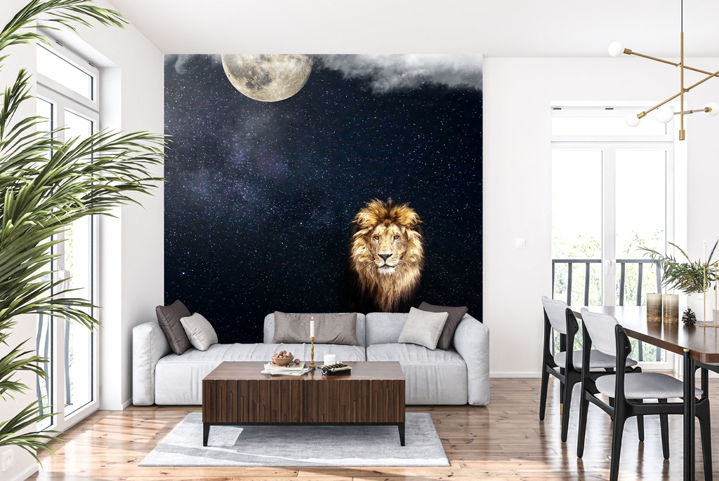 Midnight Lion Moon Stars Wall Mural Wallpaper