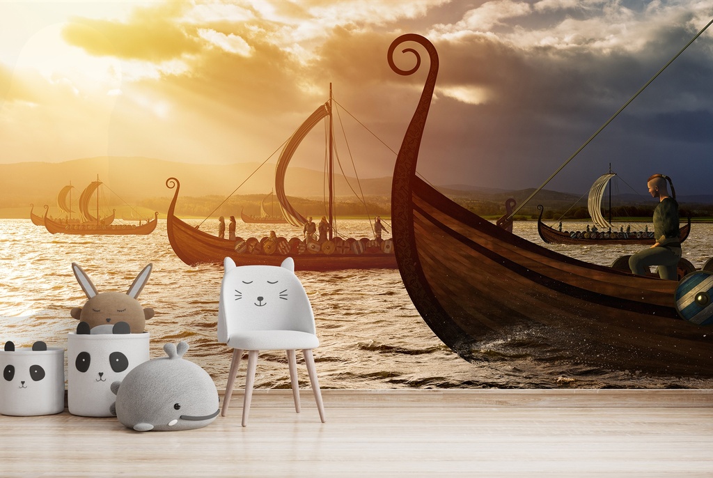 Viking Ships Ocean Sunset Wall Mural Wallpaper