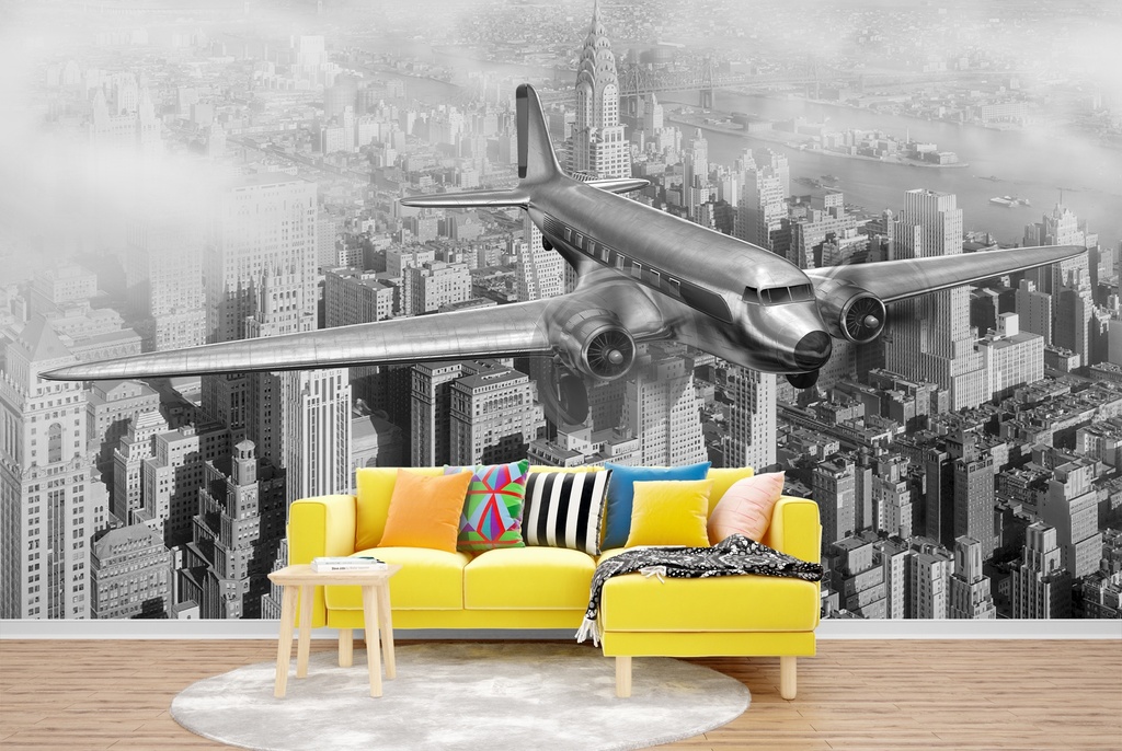DC-3 Airplane Over New York Wall Mural Wallpaper
