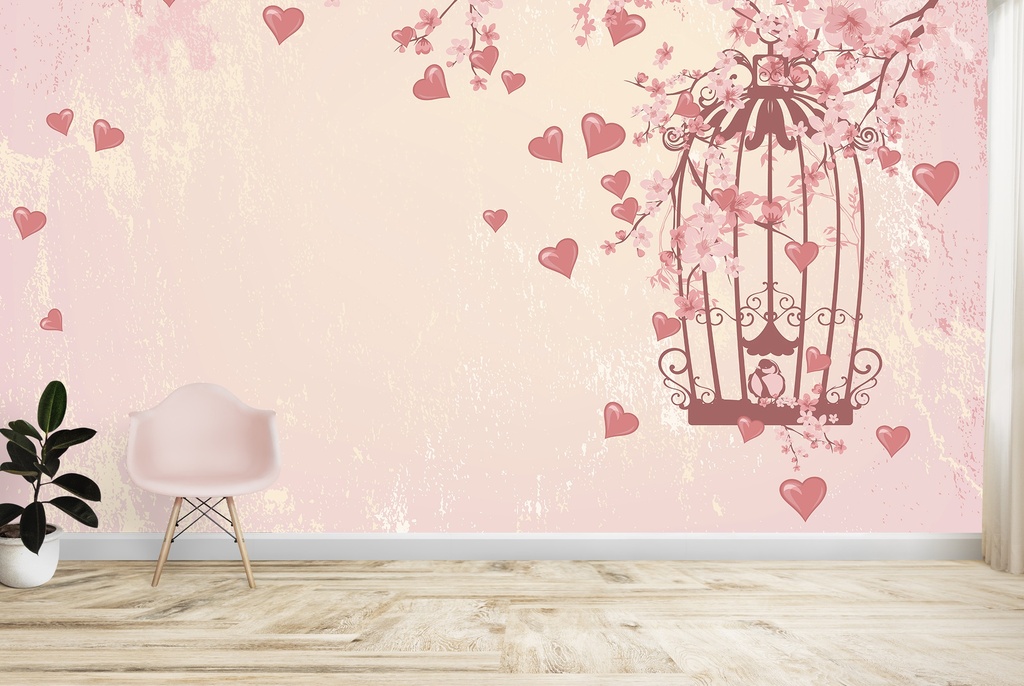 Love Heart Tree Pink Birdcage Wall Mural Wallpaper
