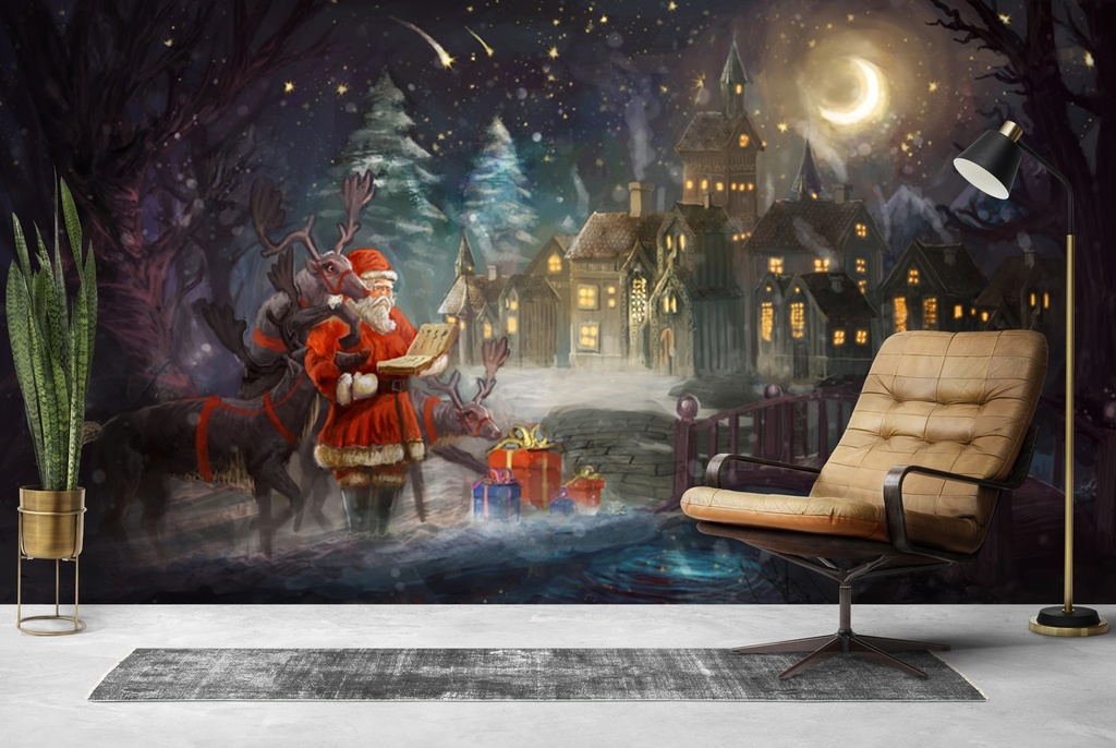 Santa & Reindeer Village Christmas Wall Mural Wallpaper