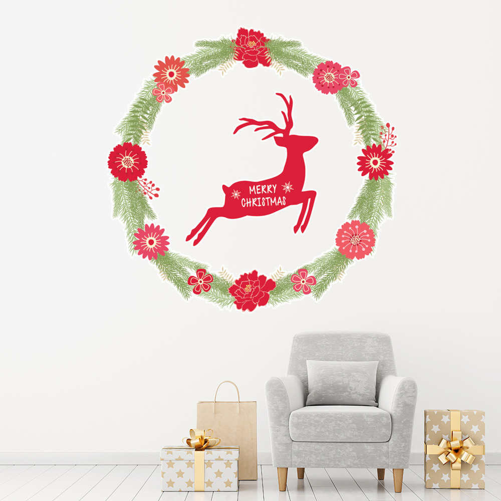 Christmas Reindeer Red Green Wreath Wall Sticker