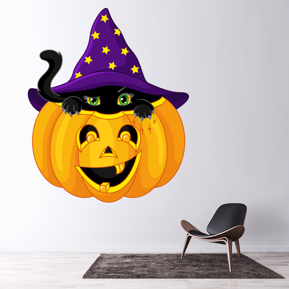 Peeking Pumpkin Black Cat Halloween Wall Sticker