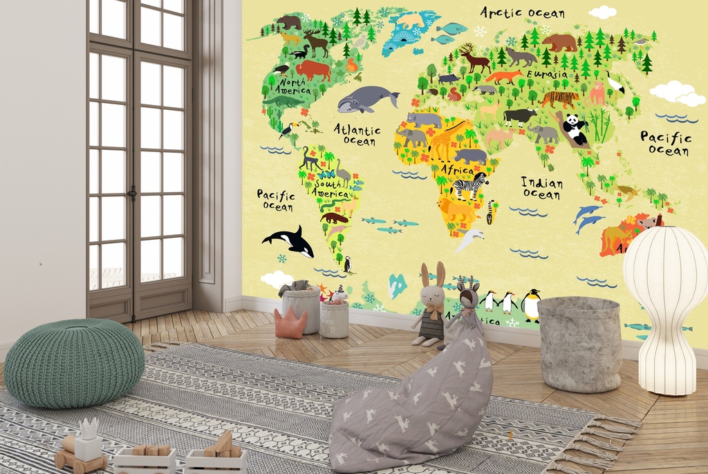 Childrens Animal World Map Wall Mural Wallpaper