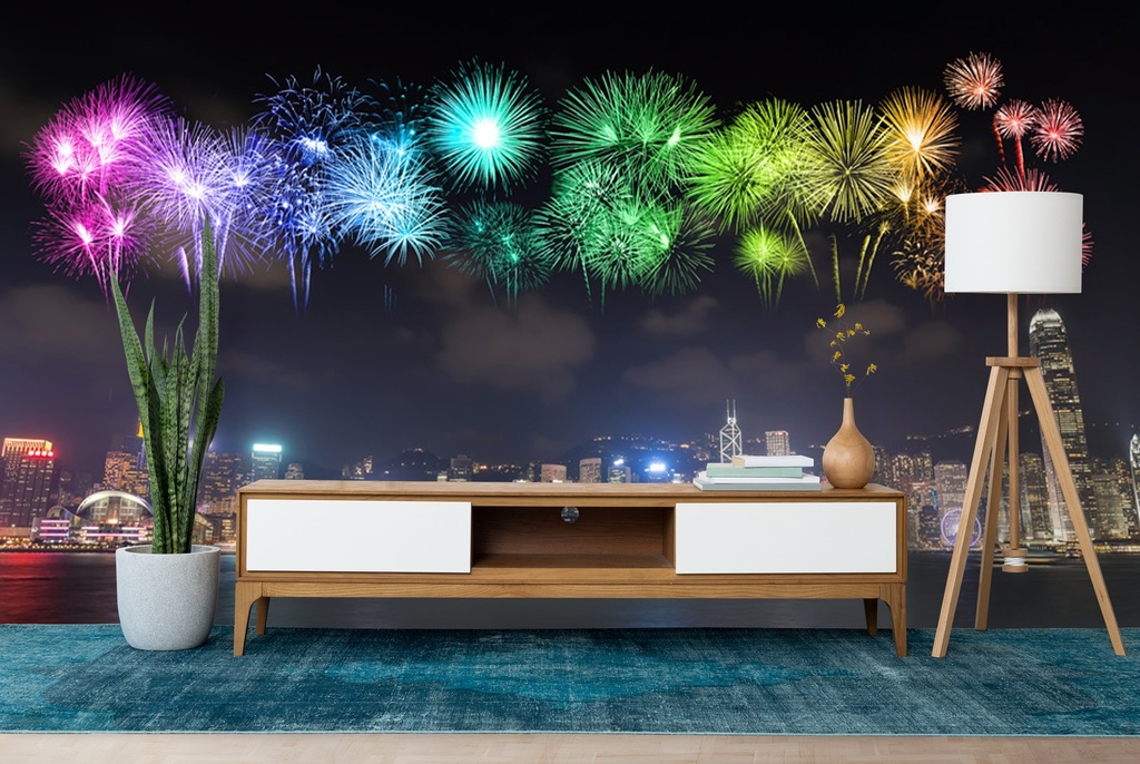 City Fireworks Hong Kong Skyline Wall Mural Wallpaper