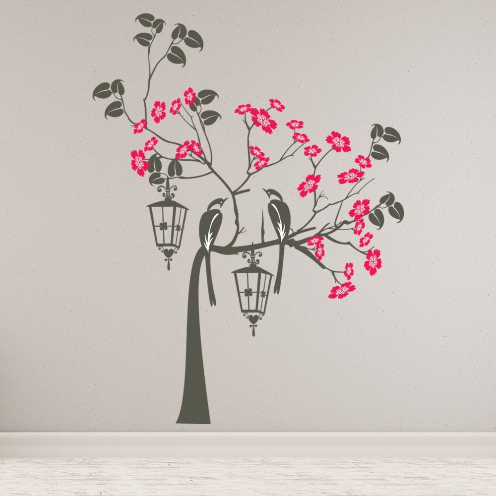 Pretty Bird Tree Pink Flowers Wall Sticker