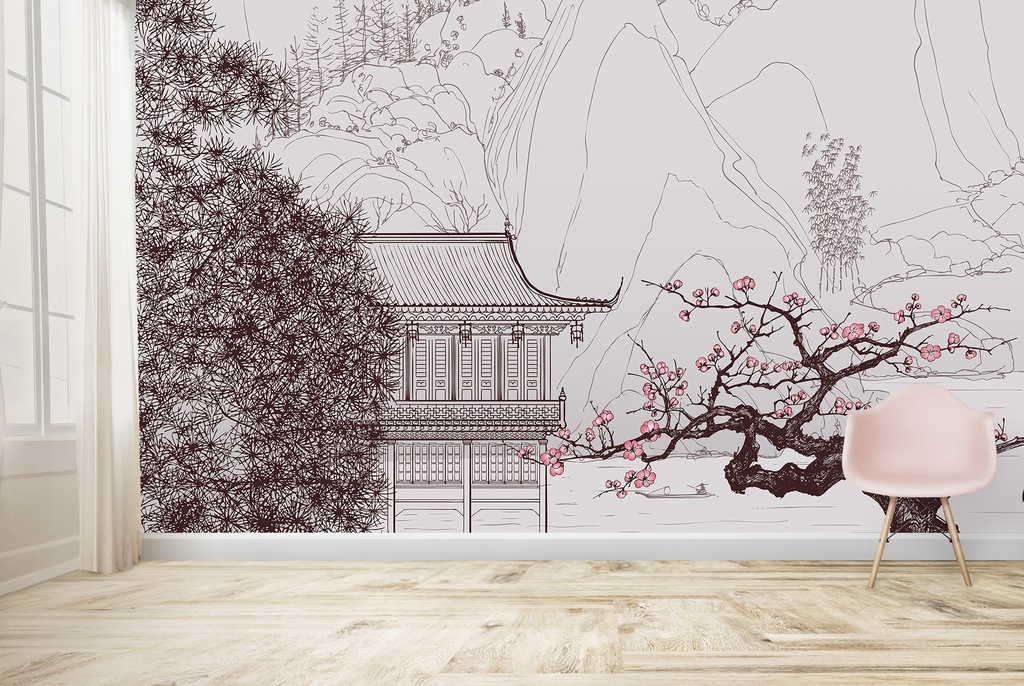 Japanese Landscape & Pink Blossom Tree Wall Mural Wallpaper