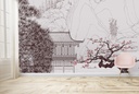 Japanese Landscape & Pink Blossom Tree Wall Mural Wallpaper