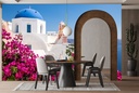 Beautiful Greece Pink Flowers Ocean Wall Mural Wallpaper