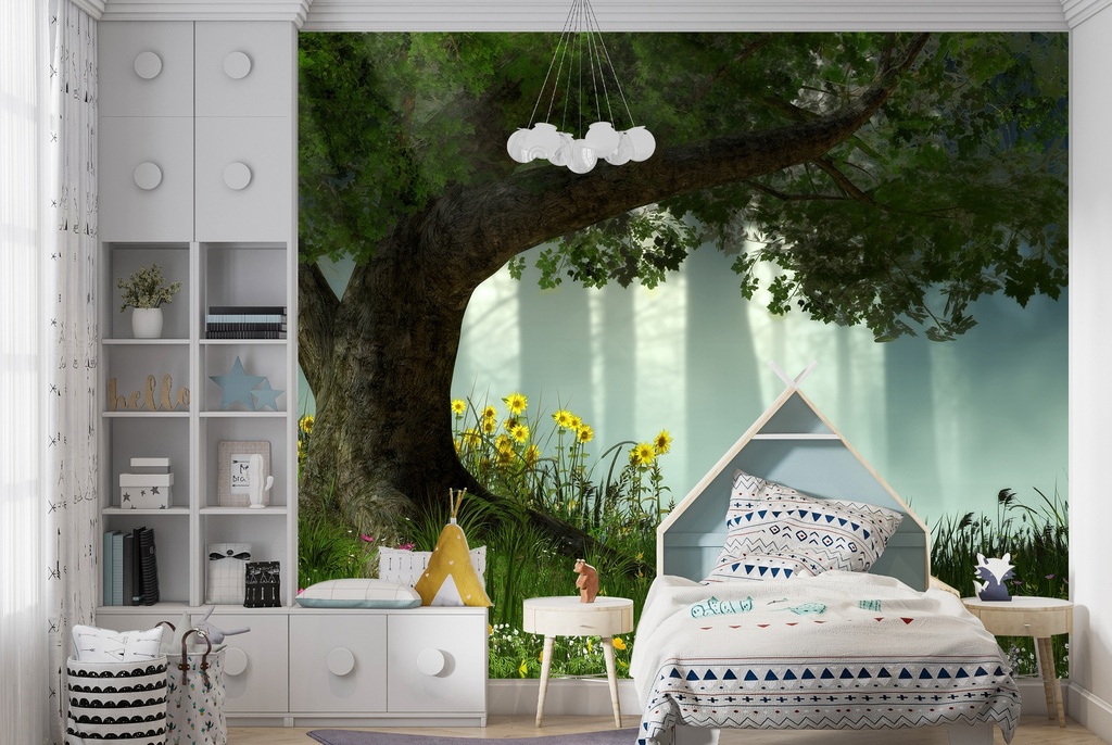 Enchanted Forest Sunlit Oak Tree Wall Mural Wallpaper