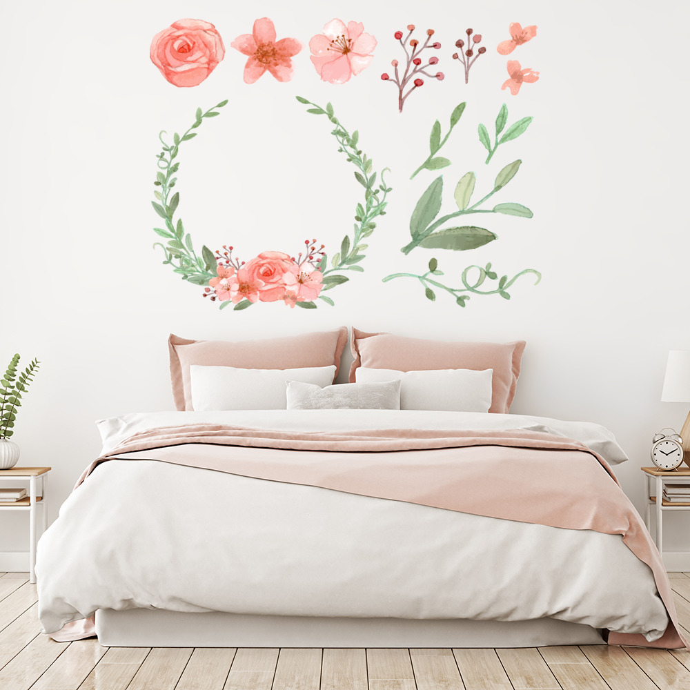 Pink Flower Wreath Floral Wall Sticker Set