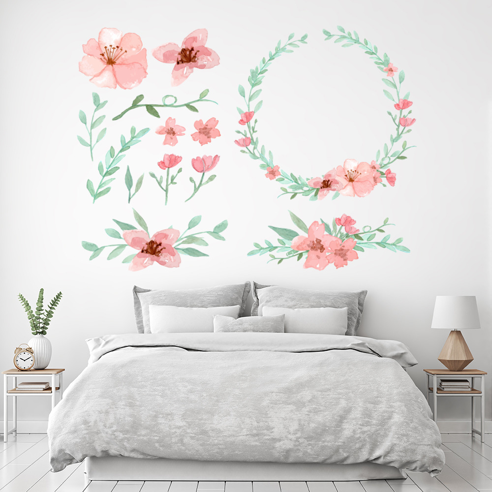 Pink Flower Floral Wreath Wall Sticker Set