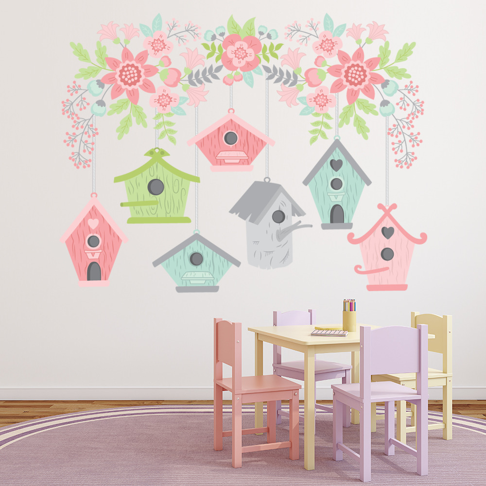 Bird Houses Pink Flowers Wall Sticker